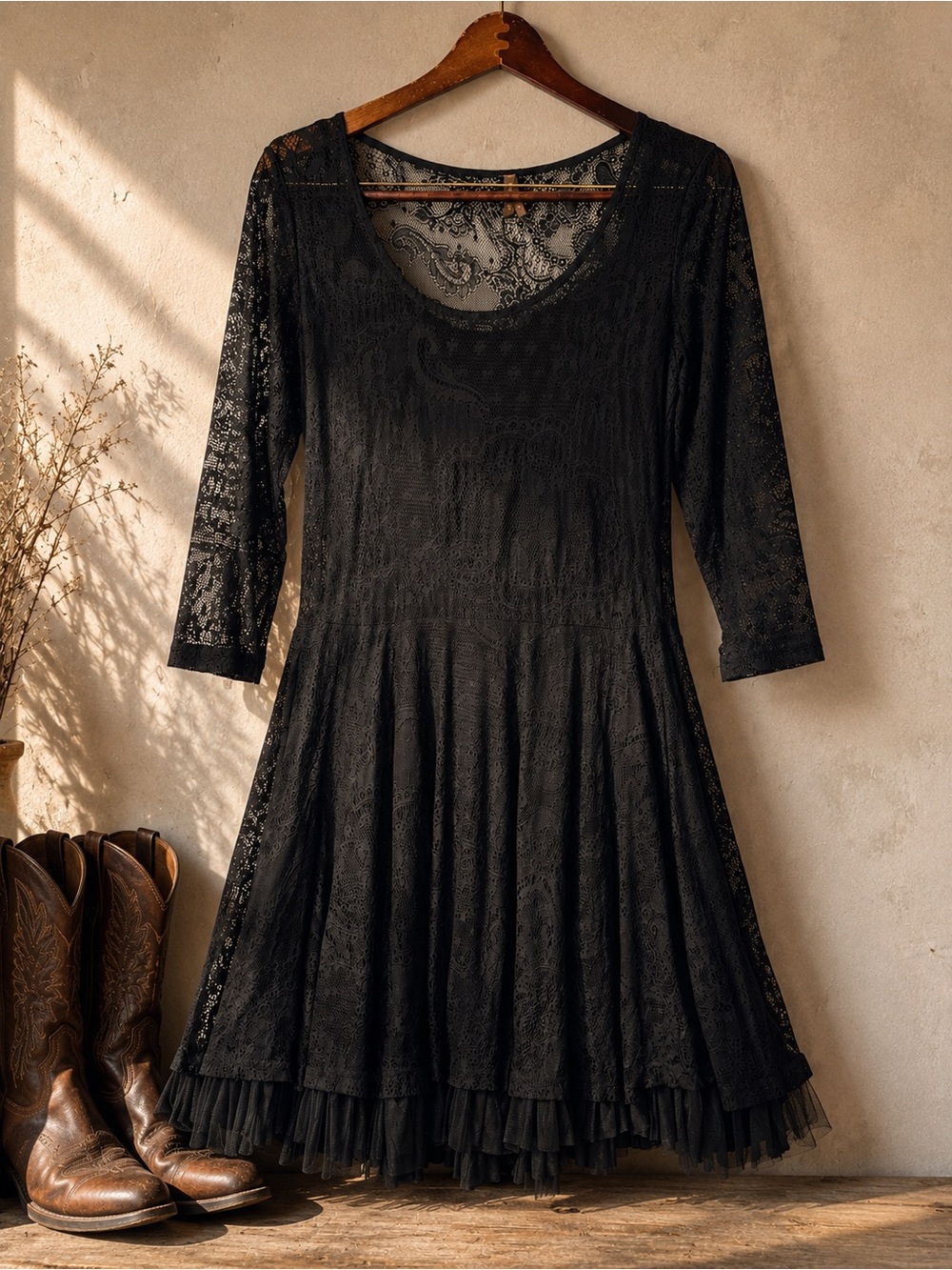 Stetson Black Lace Western Prairie Ruffle Dress M